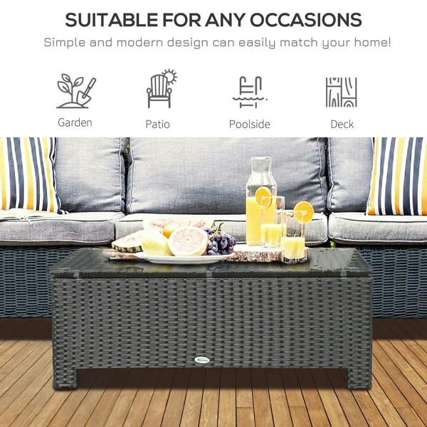 Black PE rattan rectangular coffee table with clear tempered glass top