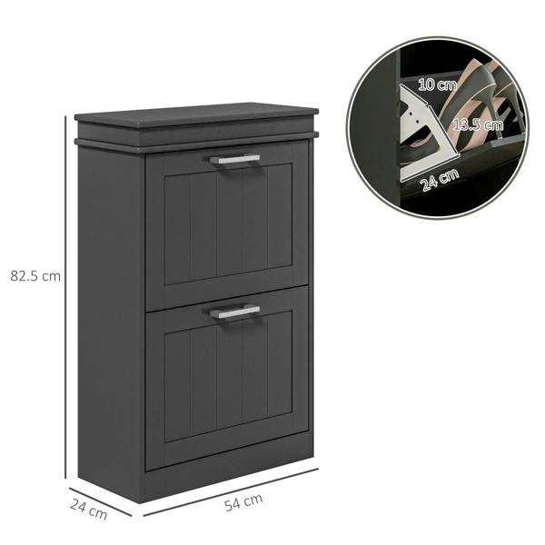 Black two-drawer shoe cabinet with dimensions shown; includes top panel and front drawers