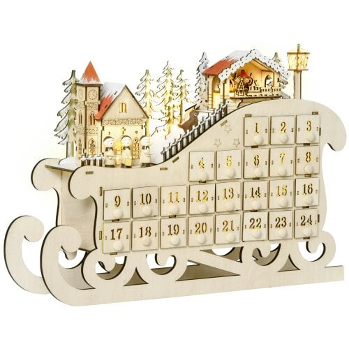 HOMCOM Christmas Advent Calendar Light Up Sleigh w/ Countdown Drawer, Village