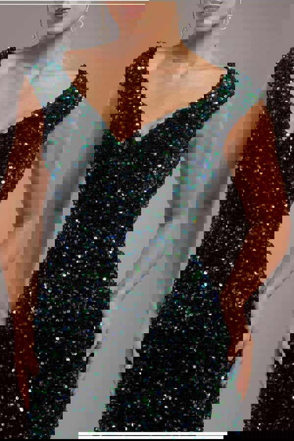 Multi Sequin & Velvet Bardot Midi - Emerald Green DR3550