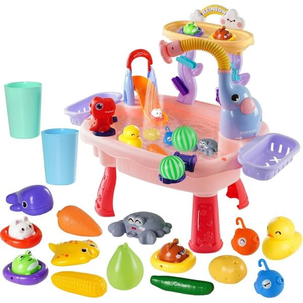 deAO Kids Water Play Sink Table with Slide, Sprayer & Floating Accessories (Ages 3+, Pink)