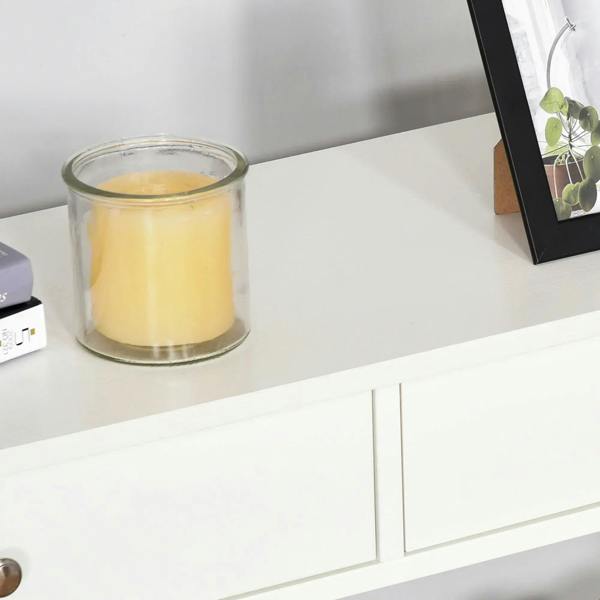 White console table top with two drawer fronts and smooth metal pull handles