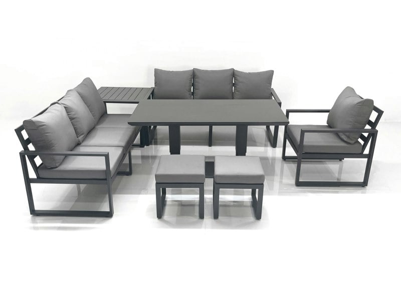 Fimous Outdoor Garden Furniture Set Aluminium Lounge Sofa Adjustable Rising Lifting Dining Table Sets with 2 Small Footstools Side Table Dark Grey