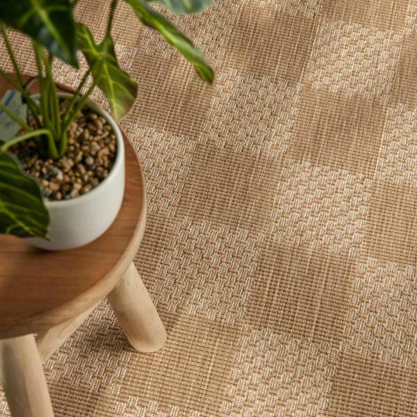 Potted plant on a wooden stool with a textured beige carpet