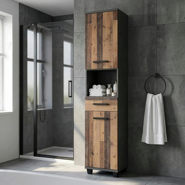 Furniture To Go Veris Tall Narrow Bathroom Cupboard with 2 Doors & 1 Drawer in Walnut and Dark Grey