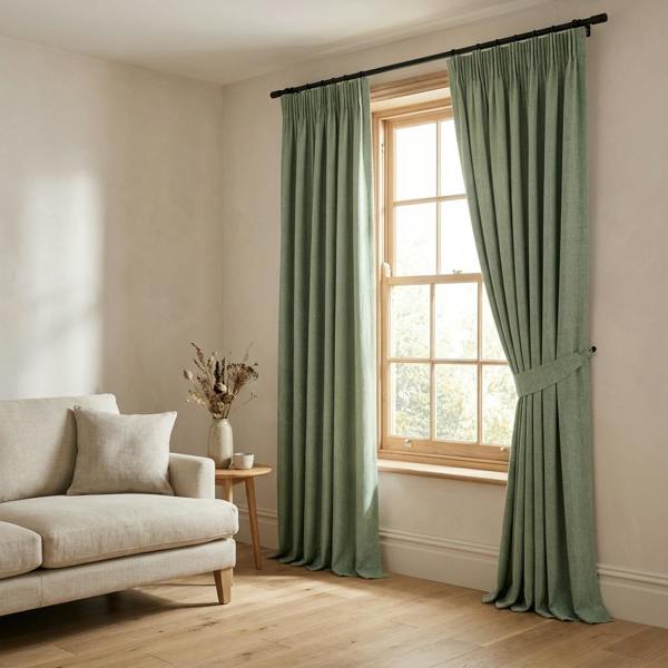 Mestre made-to-measure curtains in Seamist, styled in a living room