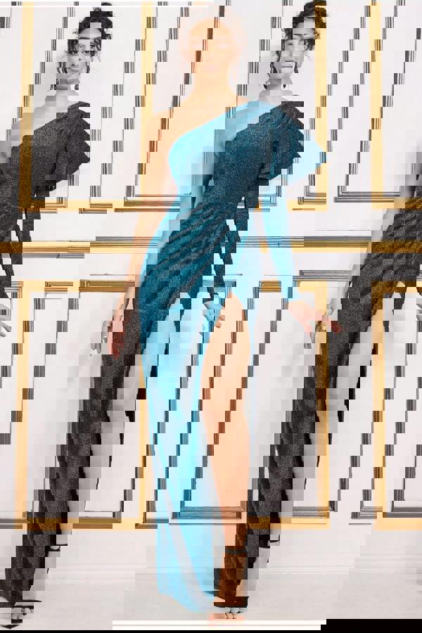 One Sleeve Frill Lurex Maxi Dress - Blue DR3693