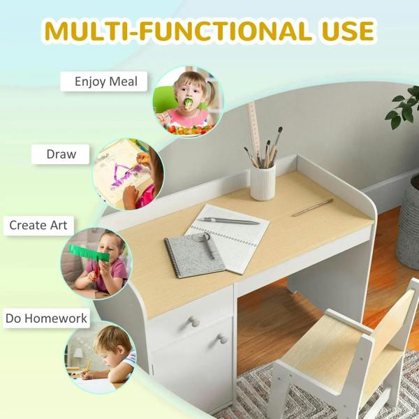 White kids desk and chair set with open drawers and tabletop