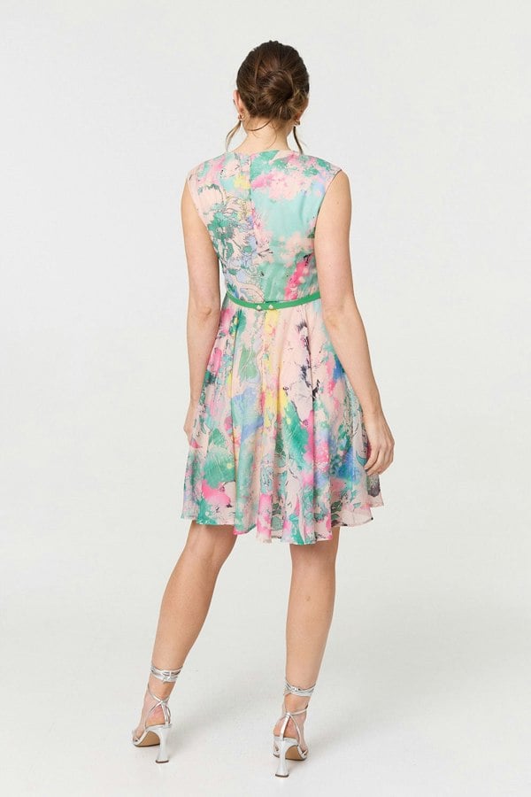 Green | Printed Sleeveless Short Skater Dress
