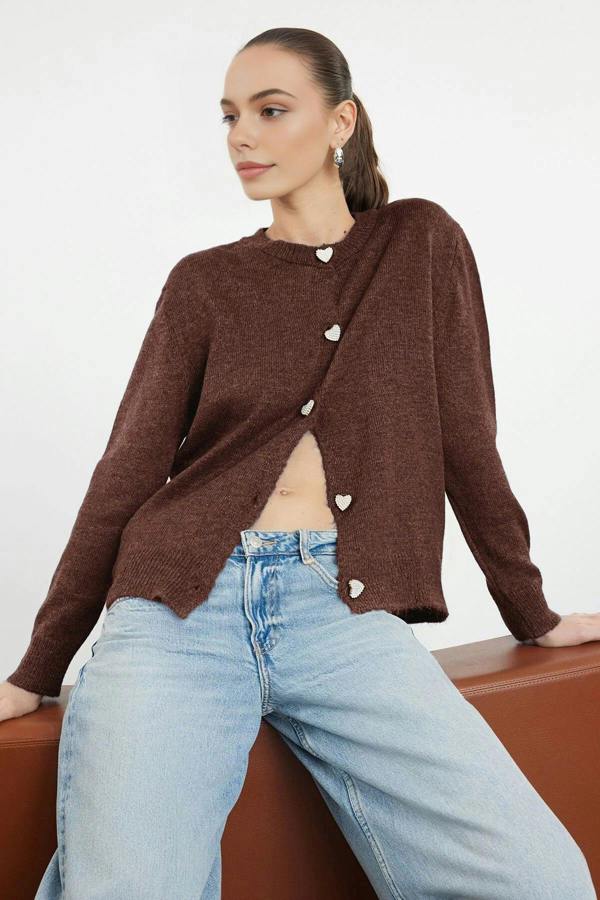 WOVCOR Soft-Textured Knit Cardigan with Jewelry Button Detail