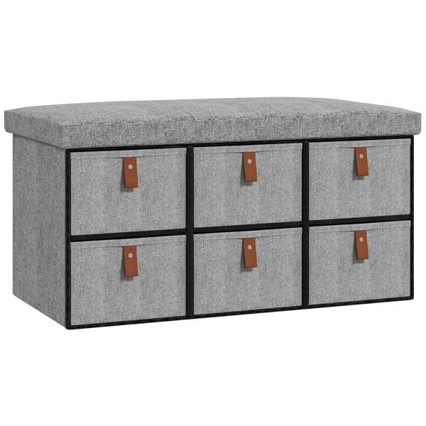 Light grey shoe storage bench with cushioned top and six fabric drawers, brown leather handles