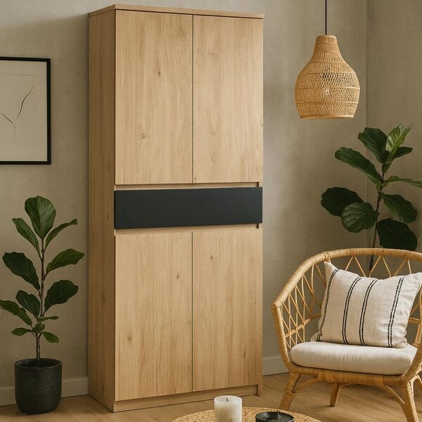 Wyld Haus Budapest Black and Natural Oak Effect Wood Shoe Cabinet 4 Doors 1 Drawer