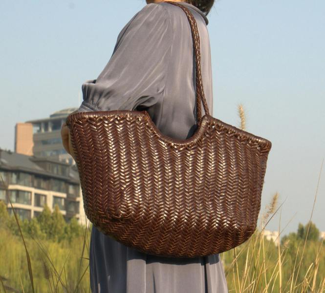 RIMINI Genuine Leather Hand Woven Shopping Bag - Dark Brown