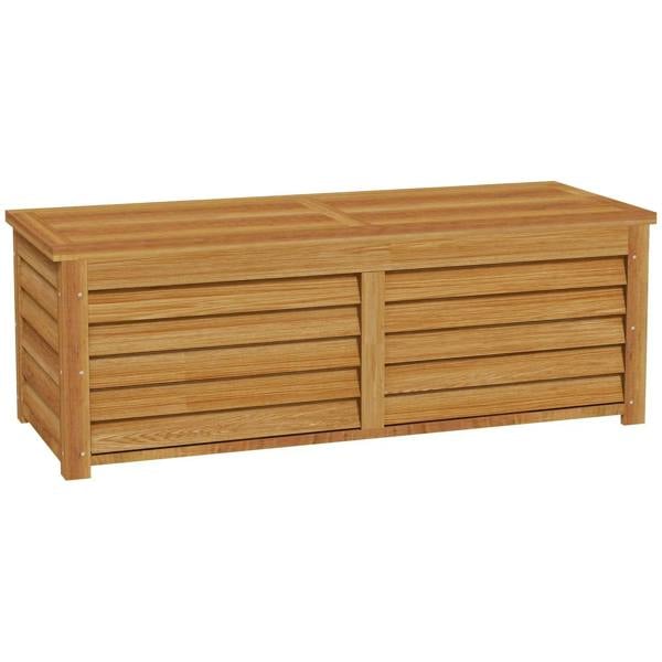 Light brown outdoor wooden storage box with slatted panels and hinged lid closed