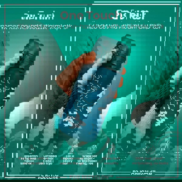 A teal water bottle, decorated with sharks, is held; its flip top opens one-handed. The bottle features a triple lock security, and is 100% leak-proof. The context is a teal background.