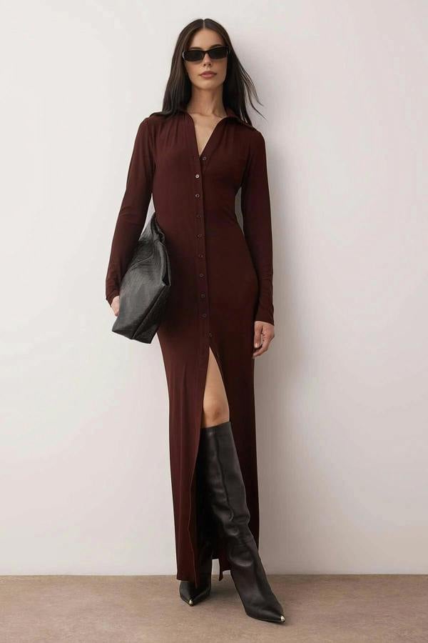 WOVCOR Polo Collar Buttoned Bodycon Maxi Knit Shirt Dress