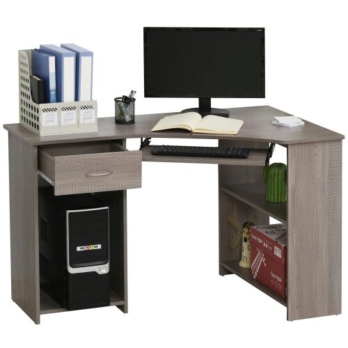 Wyld Haus Nifi 120cm Wooden Grey L Shaped Corner Desk With Keyboard Tray Drawers And Shelving