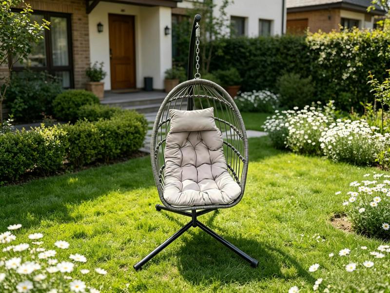 Fimous Rattan Garden Foldable Single Hanging Egg Chair Indoor Outdoor Patio Furniture with Grey Cushion