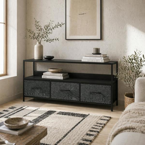 Wyld Haus Avanor 120cm Black TV Storage Unit With 3 Fold Down Fabric Drawers