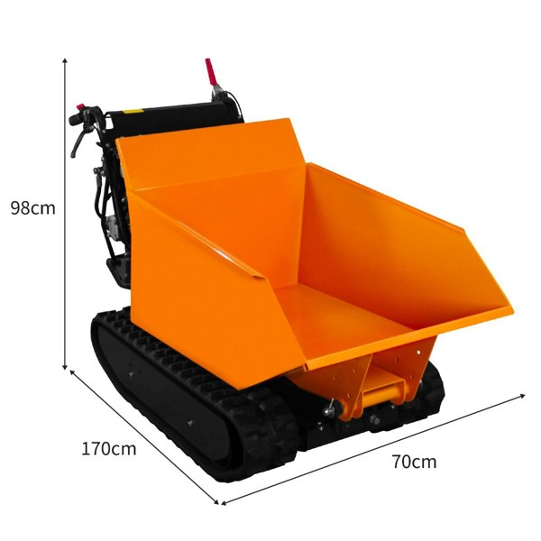 Tracked Mini Dumper Petrol Tipper in bright orange with a large, open bucket, rubber tracks, and dimensions of 170cm x 70cm x 98cm