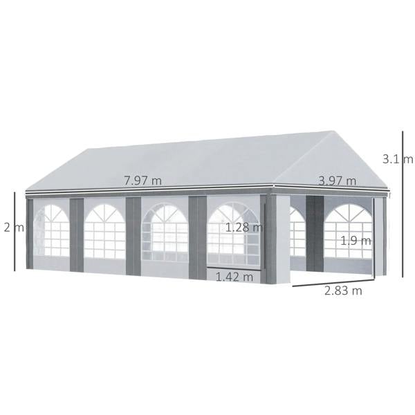 Light grey marquee gazebo profile with white roof and arched window wall panels