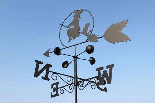 The Garden Marketplace Witch Steel Weathervane, Black Painted All-Steel Weather Vane With Wall Fixings and 1.7m Ground Spike, Wind Speed Cups