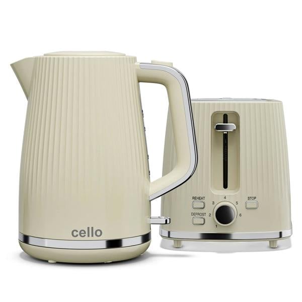 Cello Breakfast Bundle - Textured Kettle + 2 Slice Toaster - Cream