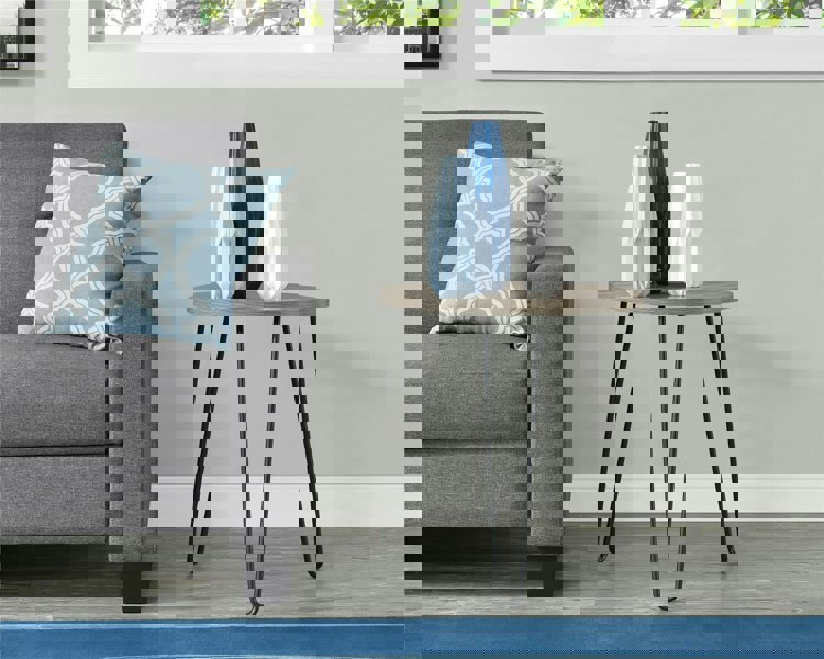 Dorel Home Owen Retro Round End Table in Distressed Grey Oak