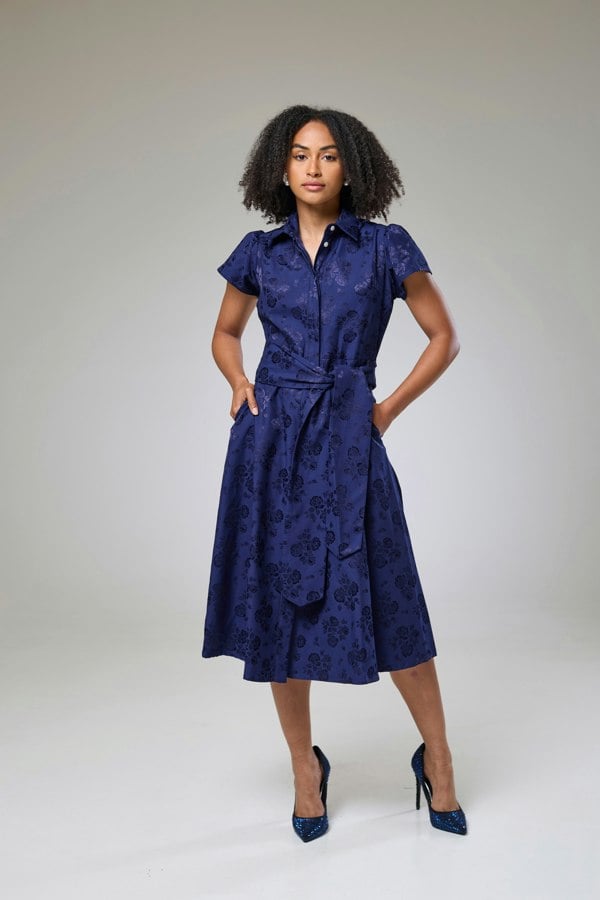 Isha's Timeless collection Royal Blue Petals Short Sleeve Shirt Dress