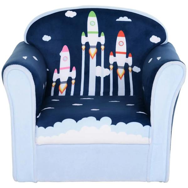 Children's armchair sofa in dark blue with rocket and cloud print, rounded armrests