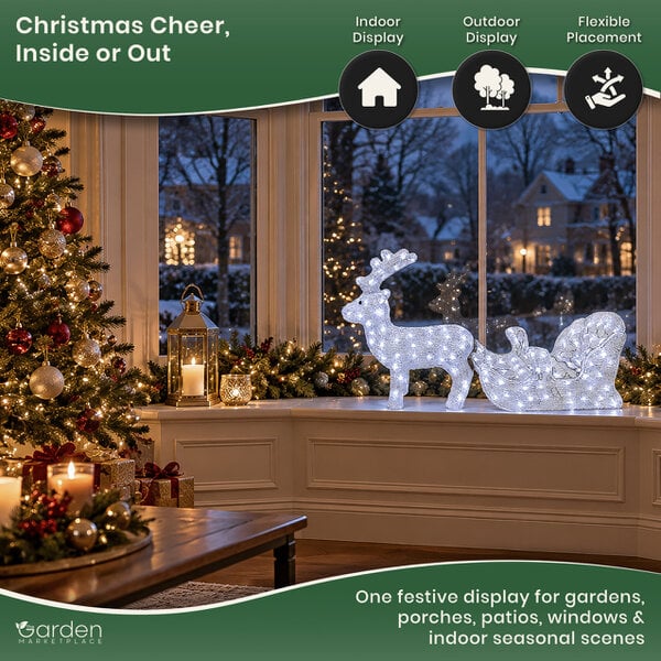 Acrylic Reindeer & Sleigh Christmas Decoration with 160 White LED Lights, Waterproof Indoor & Outdoor Display, 5m Cable