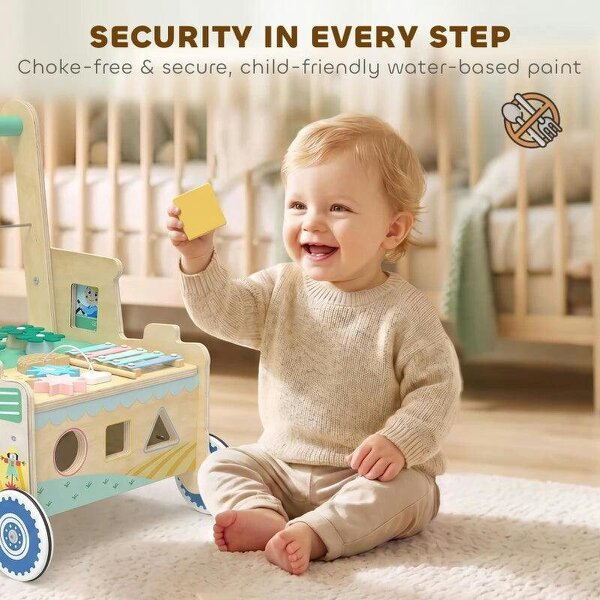 Wooden Baby Walker for 1-3 Year, Montessori Inspired Push Along Walker Toys, Multifunctional Activity Centre