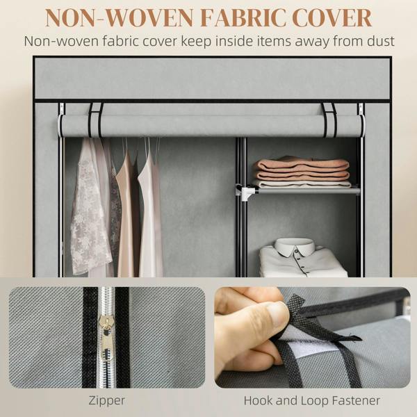 Light grey fabric wardrobe cover with zipper closure and hook-and-loop fasteners