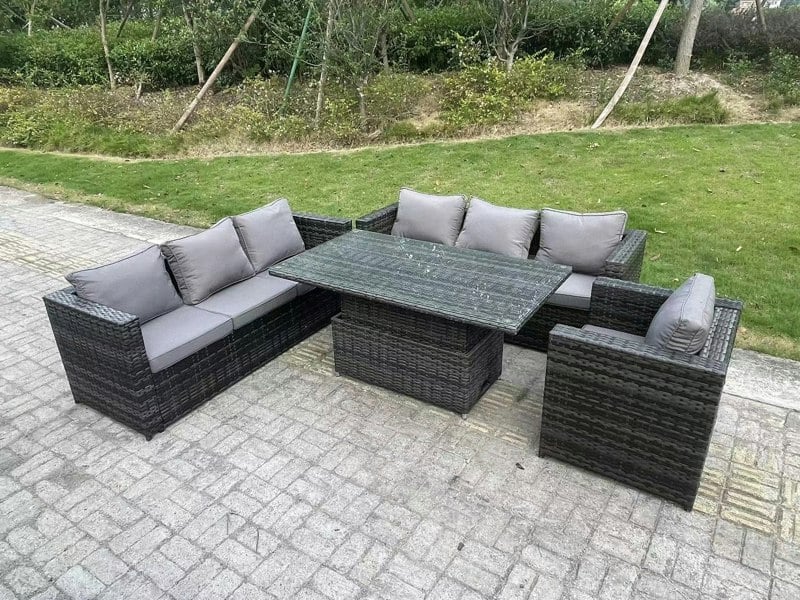 Fimous Wicker PE Garden Furniture Rattan Sofa Set Outdoor Adjustable Rising Lifting Dining Table Set with Armchair 7 Seater Dark Grey Mixed