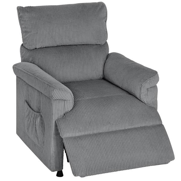 Grey corduroy electric massage recliner with padded arms and wide footrest