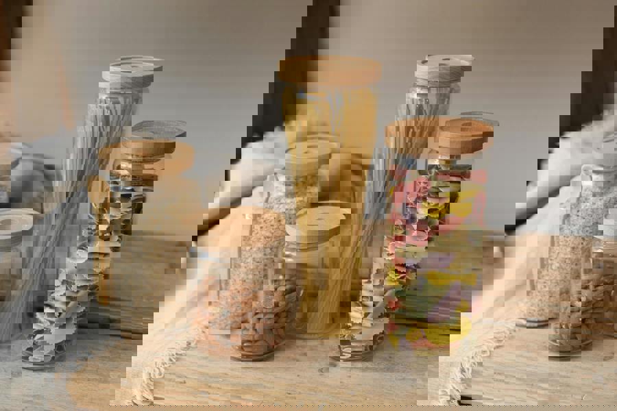 KitchenCraft Idilica Glass Storage Jar with Beechwood Lid and Bamboo Spoon, 1200ml