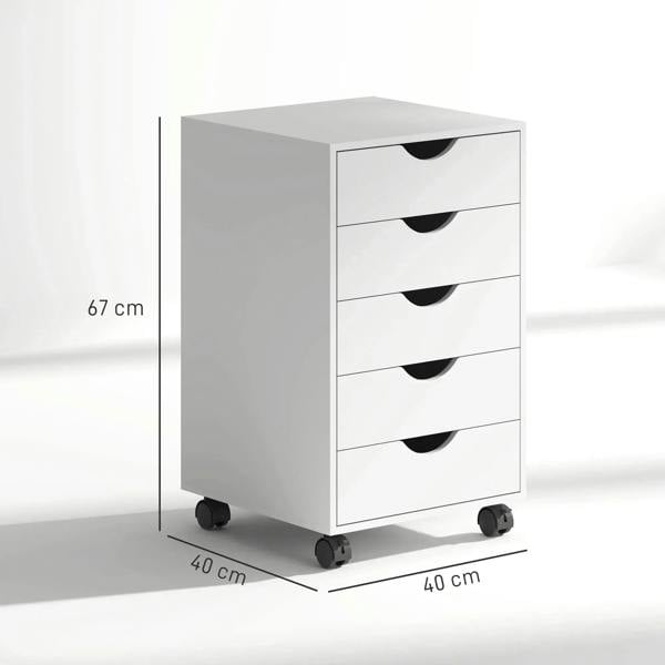 White five-drawer filing cabinet on casters, side view with black drawer pulls