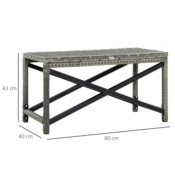 Grey woven rattan coffee table with black cross brace frame and four straight legs