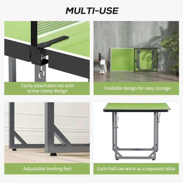 Foldable green ping pong table with net, leveling feet, and attachable screw clamp design.