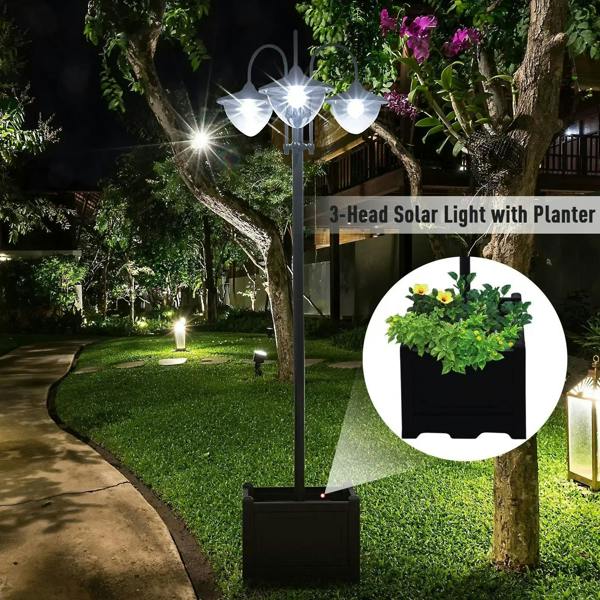Black 3-head solar street lamp with planter box, glowing lantern heads