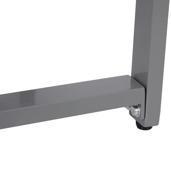 Grey metal table leg with rubber foot cap for stability on outdoor surfaces