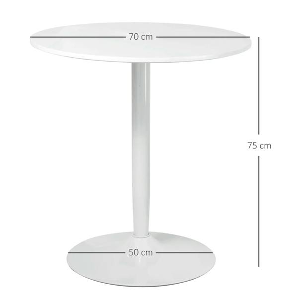 White round pedestal dining table with dimensions shown: 70 cm wide and 75 cm high
