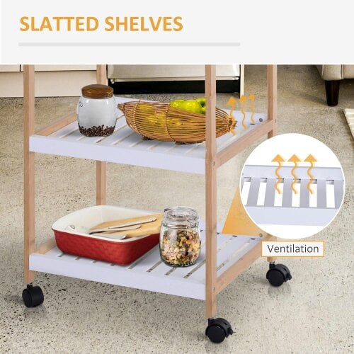 Wyld Haus Vesa Wooden White 3 Tier Mobile Kitchen Trolley With Shelves