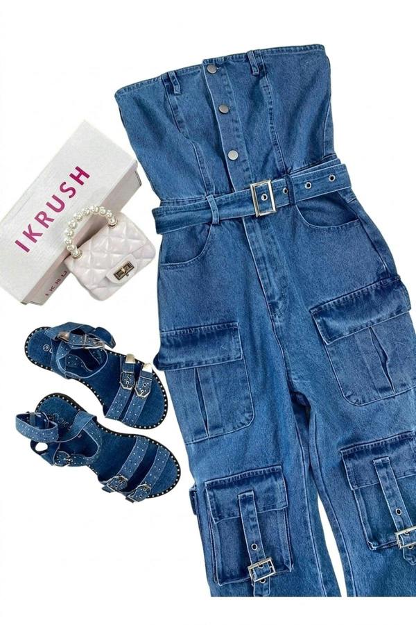 Giselle Multi Pockets Strapless Cargo Jumpsuit - Blue_wb