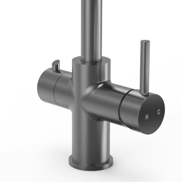 Gun metal grey kitchen boiling water tap on a white background