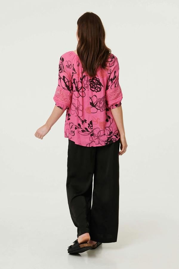 Fuschia | Abstract Floral Ruched Bardot Top Blouse