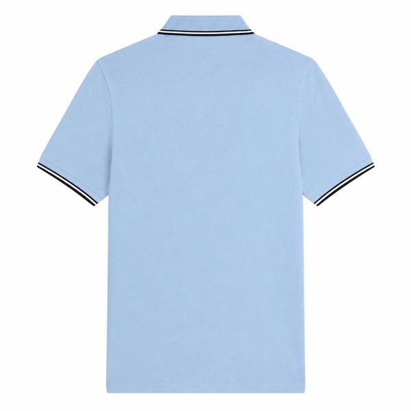 Powder blue Barbour International polo shirt with black and white tipped collar and sleeve cuffs.