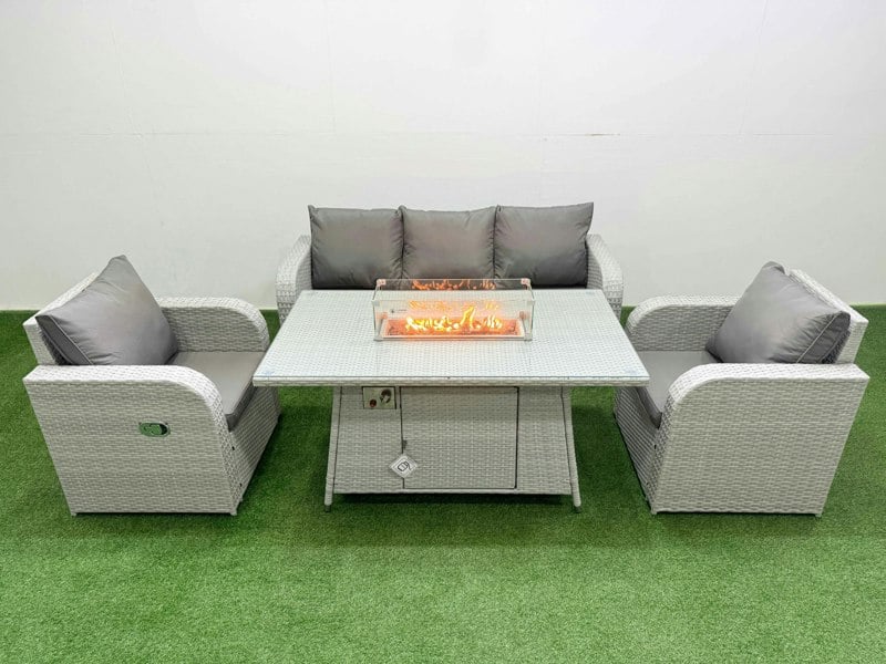Fimous PE Rattan Garden Furniture Set Reclining Chair Sofa Lounge Sofa Set Fire Pit Dining Table Light Grey