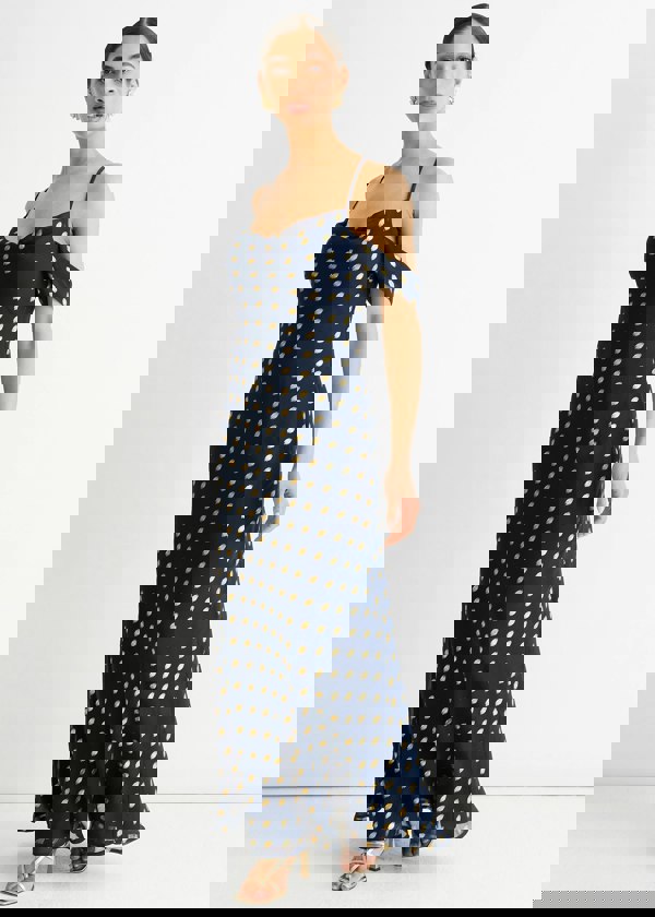 Gini London Navy Cowl Neck Drop Sleeves Foil Maxi Dress