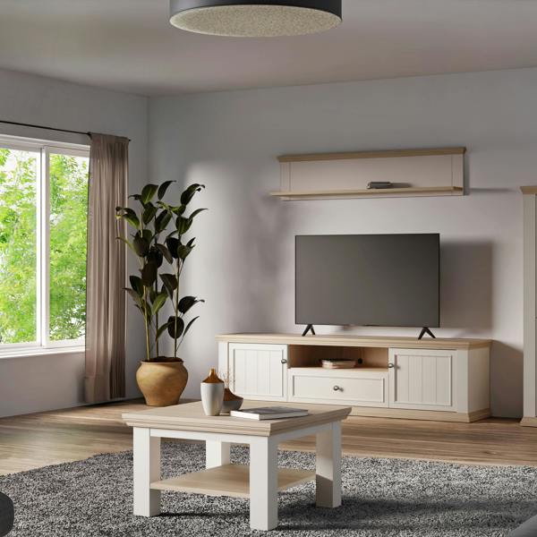Furniture To Go Pontypool Wide TV Unit with 2 Doors, Drawer & Open Shelf in White and Riva Oak